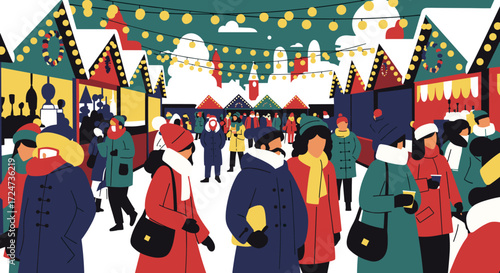 Winter Market Celebration, People, Snowy Town, Illustration, Festive Atmosphere, Aerial View, Community Gathering