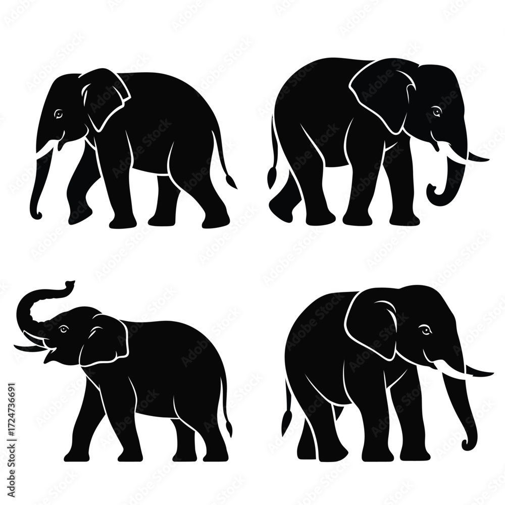 Obraz premium Scalable vector illustration of four silhouette elephants for diverse graphic design applications vector