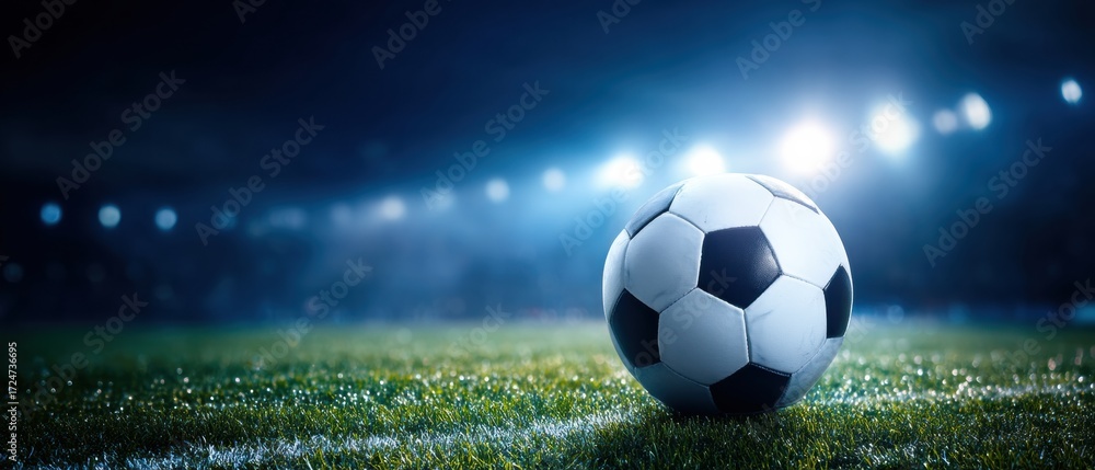Fototapeta premium A soccer ball rests on a green field under bright stadium lights at night, with a misty atmosphere and a sense of anticipation