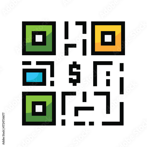 Pixelated QR code with colored squares and a dollar sign