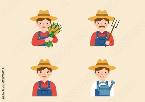 Four cartoon farmers depicted in different farming activities, showcasing harvesting, tending, and agricultural tools.