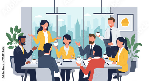Diverse team of business professionals collaborating in a modern office boardroom, discussing strategy and new ideas during a productive meeting
