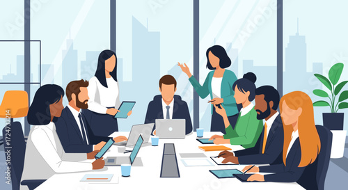 Diversity and Collaboration Team Meeting at a Conference Table in a Modern Office with Skyscrapers in Background