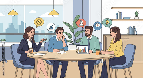 Team Collaboration and Brainstorming in Modern Office Illustrative depiction of a diverse group engaged in creative discussion, strategic planning