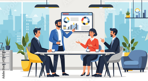Modern business team effectively collaborates in an office meeting, analyzing strategic data and reports on a large screen to drive corporate growth and achieve goals