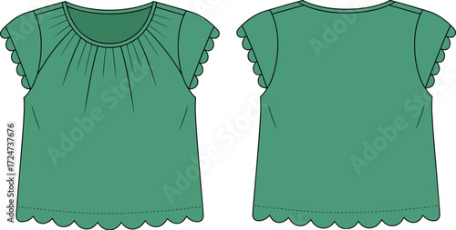 Green sleeveless blouse for women with scalloped cap sleeves, gathered neckline, and scalloped hem technical fashion sketch.