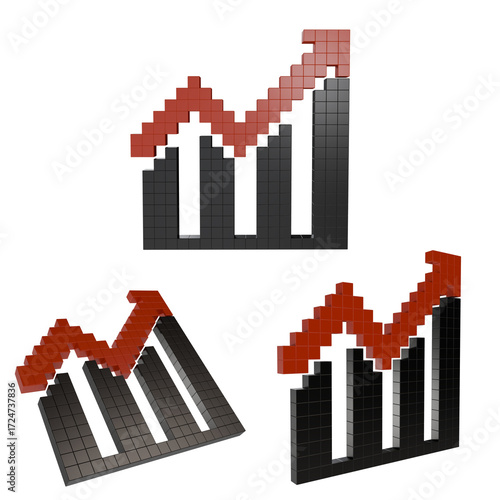 3D render voxel or pixel art style bar chart with red upward arrow, symbolizing business growth, financial success, data analytics, investment, economy, and modern technology concept