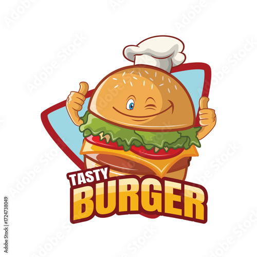 Tasty Burger Mascot Logo Illustration for Fast Food Restaurant and Streetwear Graphic Design