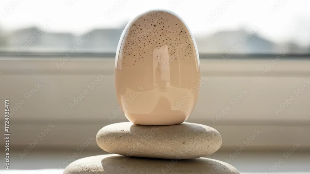 Zen stones balance with beige decorative egg, rock balancing and peaceful lifestyle