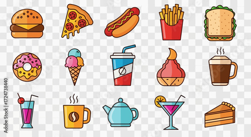 A vibrant collection of popular fast food and drink items, including burgers, pizza, fries, and various beverages, presented against a transparent background.