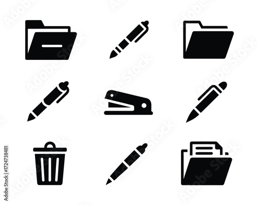 Set of 9 scalable black and white vector icons for office supplies and folders eps format vector