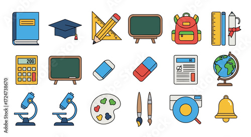 A collection of colorful school and education icons.
