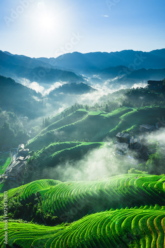 Billede på lærred Aerial view of beautiful green terraced rice fields and traditional village in morning mist