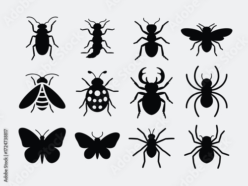 Set of 12 black and white silhouette insects vector graphics scalable eps for various design projects vector