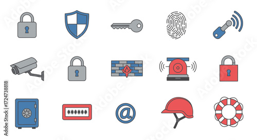 Security icons: lock, shield, key, fingerprint, camera, safe, password, alarm.