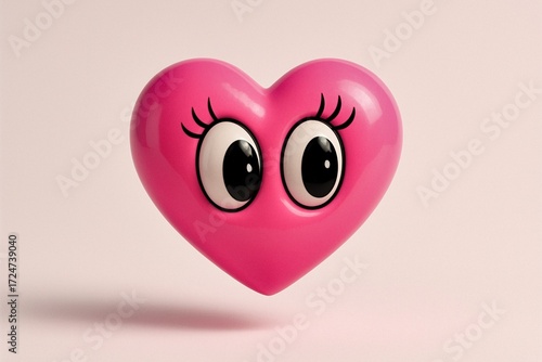 Floating Pink Heart with Big Eyes, Y2K Glossy Abstract Pop Concept