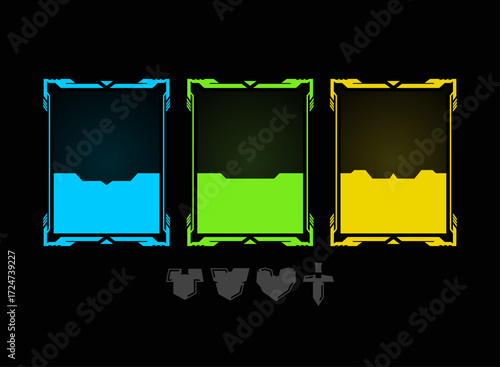 Cyberpunk Futuristic Neon Trading Card Template Pack Sci Fi Blue Green Yellow Frame Vector Digital UI HUD Overlay RPG TCG CCG Fantasy Interface Elements