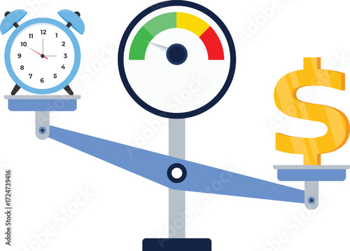 Time is money. Scales icon in flat style. Libra symbol, balance sign. Time management. Dollar and clock icons. Vector design elements for you business projects on color background


