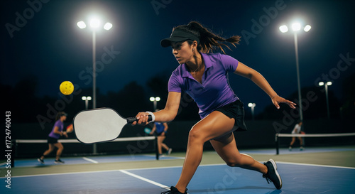female athlete playing pickleball on a night court under bright stadium lights.