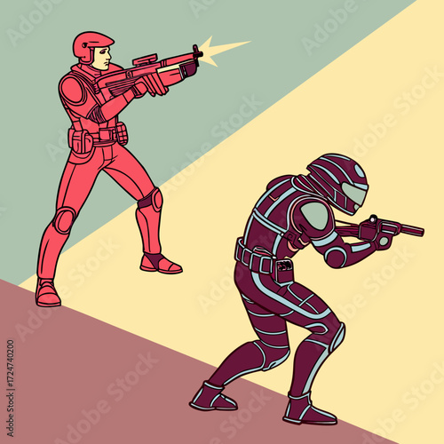 Two futuristic soldiers fire weapons in a retro science fiction scene