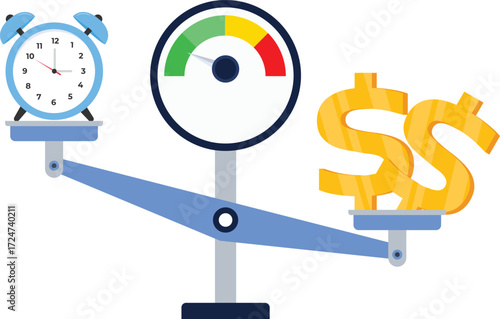 Time is money. Scales icon in flat style. Libra symbol, balance sign. Time management. Dollar and clock icons. Vector design elements for you business projects on color background

