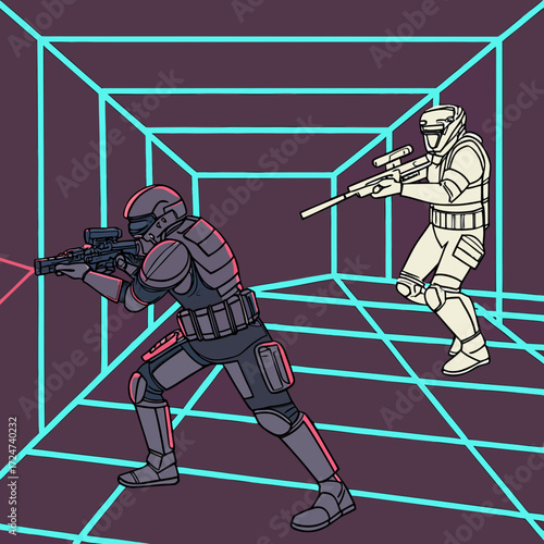 Two futuristic soldiers engage in combat within a neon grid arena