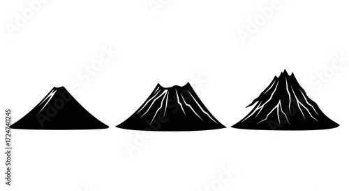 Three stylized black volcano peaks showing different stages of eruption and growth vector