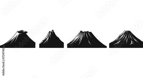 Silhouetted volcano eruptions collection various shapes demonstrating geological activity vector