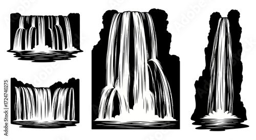 Black and white sketch collection of majestic waterfalls nature elements vector