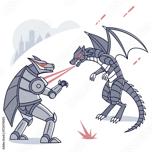 Mechanical wolf and dragon face off in a futuristic city battle