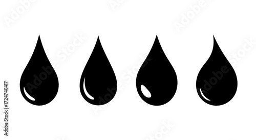 Four black ink drops symbolizing liquid material droplets and fluid essence vector