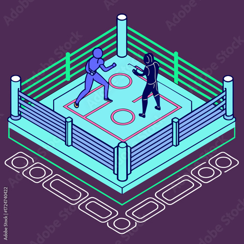 Isometric fencing match between two fencers in a boxing ring illustration