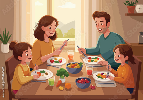 Happy family enjoying a healthy and delicious meal together at their dining table.