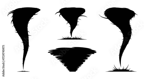 Collection of silhouetted tornadoes twisters vortex storms natural disaster swirls vector