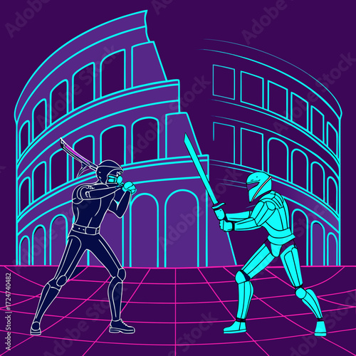 Futuristic duel with coliseum in background on a purple grid floor