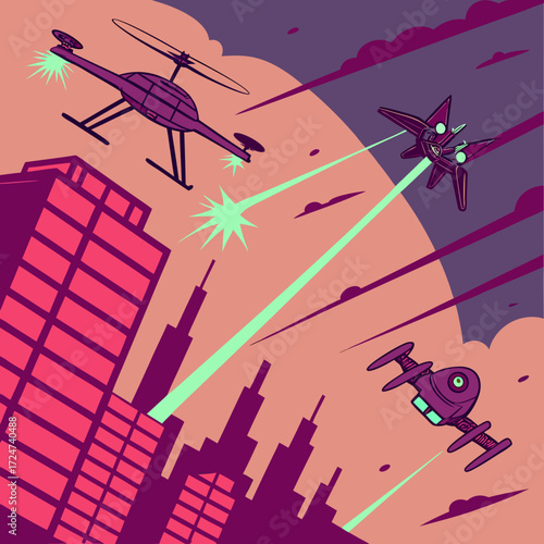 Futuristic cityscape under attack by flying drones and fighter jets at night