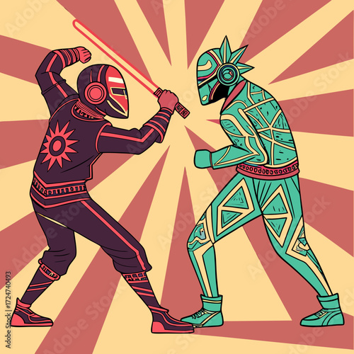 Two futuristic warriors duel with energy sword on a retro background