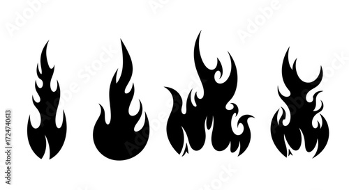 Set of four hand drawn black flames fire elements isolated on white for graphic design projects vector