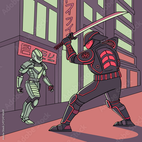 A ninja robot confronts another robot in a futuristic city at night