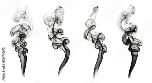 Four distinct wisps of dark smoke ascending in elegant swirls and trails vector