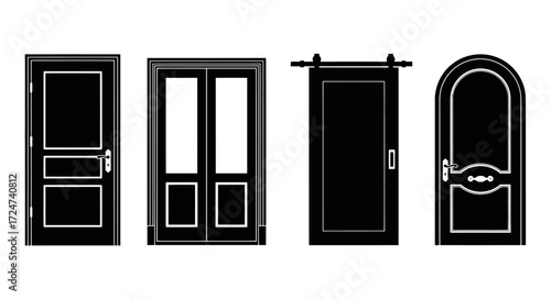 Collection of four stylish black silhouette entrance doors for architectural design concepts vector