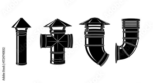 Collection of black chimney caps and pipe fittings for industrial and residential use vector