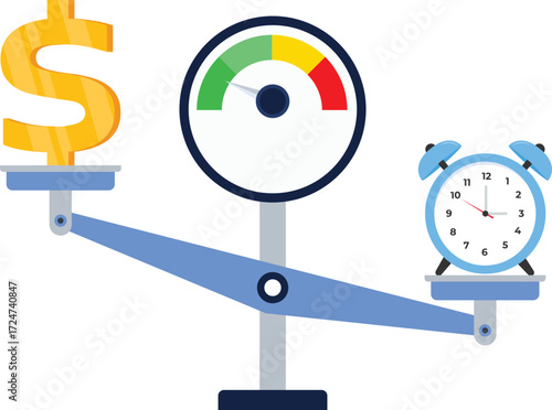 Time is money. Scales icon in flat style. Libra symbol, balance sign. Time management. Dollar and clock icons. Vector design elements for you business projects on color background

