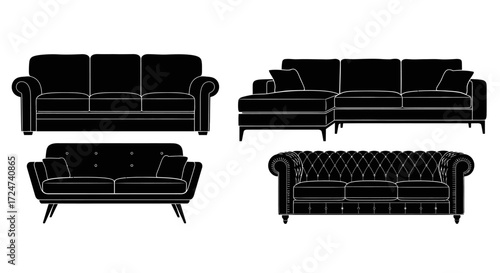 Four silhouette styles of modern and classic sofas arranged together vector