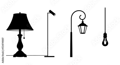 Collection of silhouetted lamps and lighting fixtures for interior and exterior design vector
