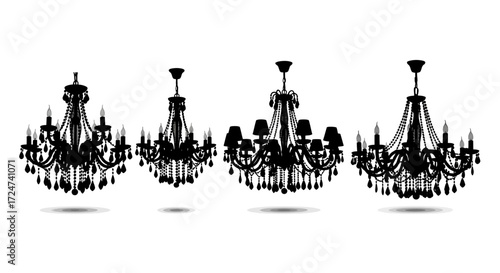 Elegant black silhouettes of ornate crystal chandeliers in various styles for luxurious interior design vector