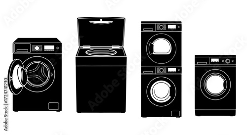 Modern laundry appliances collection featuring washing machines and dryers in a lineup vector