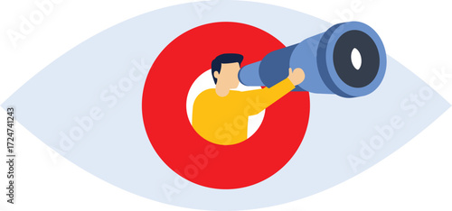 Businessman holding a telescope standing inside the eyes looking into the distance

