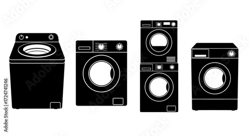 Set of four silhouette laundry appliances including washing machines and dryers vector