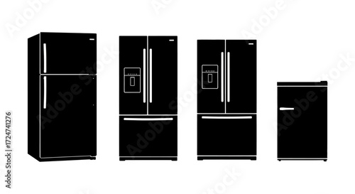 Collection of modern black refrigerators of various styles and sizes isolated on white vector